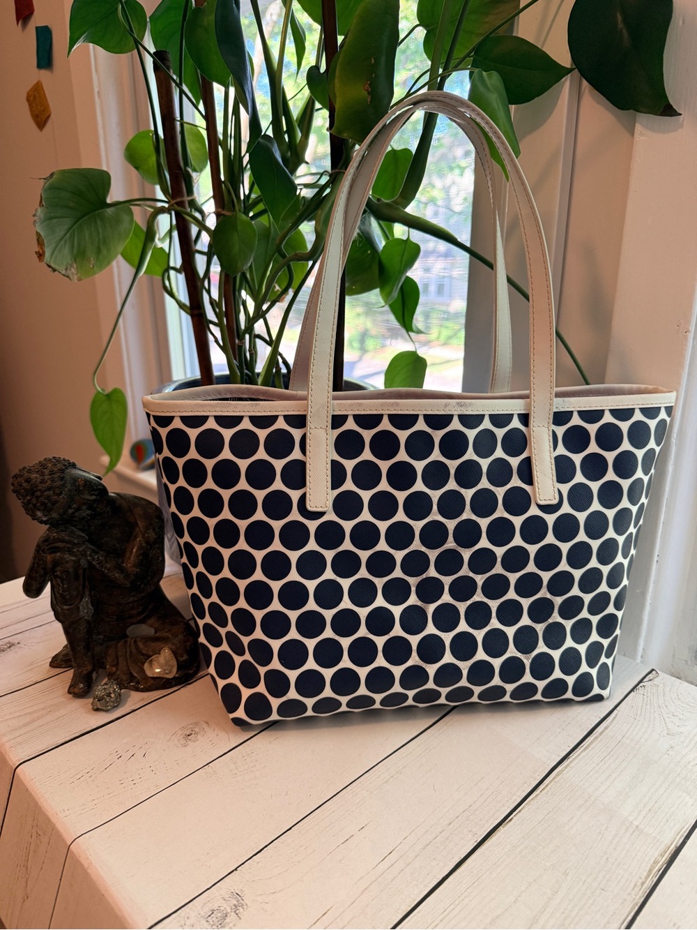 Michael Kors | Kiki Polka Dot Tote Bag, Navy and White with MK Charm - Picture 3 of 14